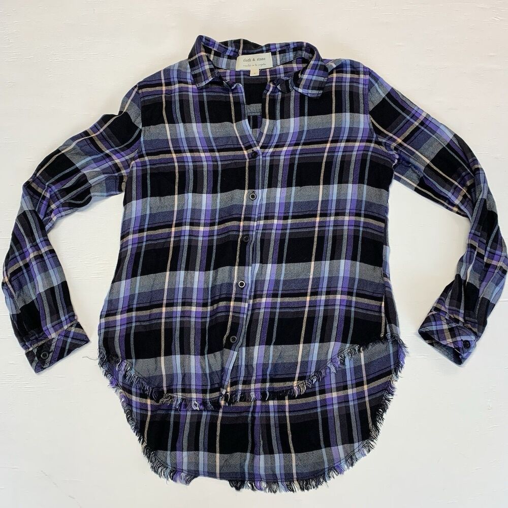 Cloth & Stone Womens Blue Plaid Striped Button Up Shirt w/Fringe Hem Small